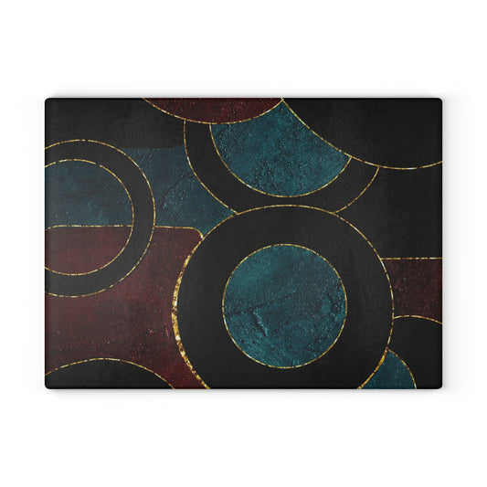 Geometric Circles Glass Cutting Board — Modern Teal & Burgundy Kitchen Decor