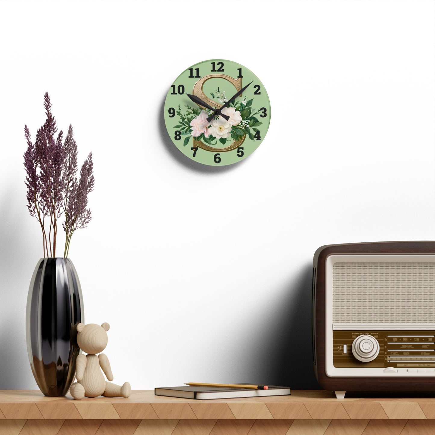 Floral Initial Acrylic Wall Clock, Elegant Home Décor