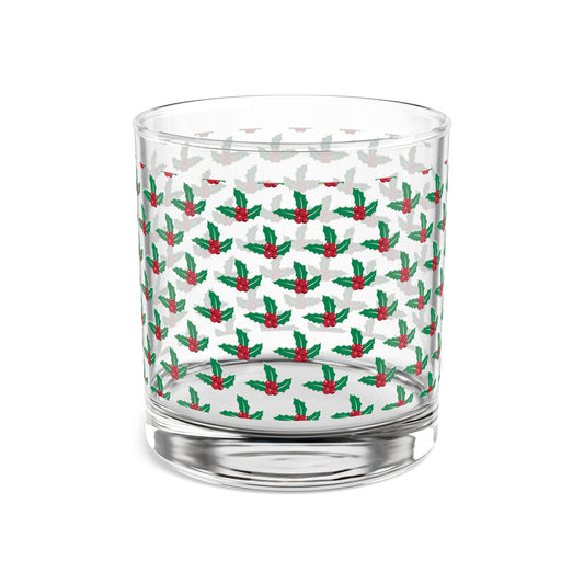 Holly Pattern Rocks Glass, Holiday Barware, Christmas Gifts, Festive Drinkware, Home Decor