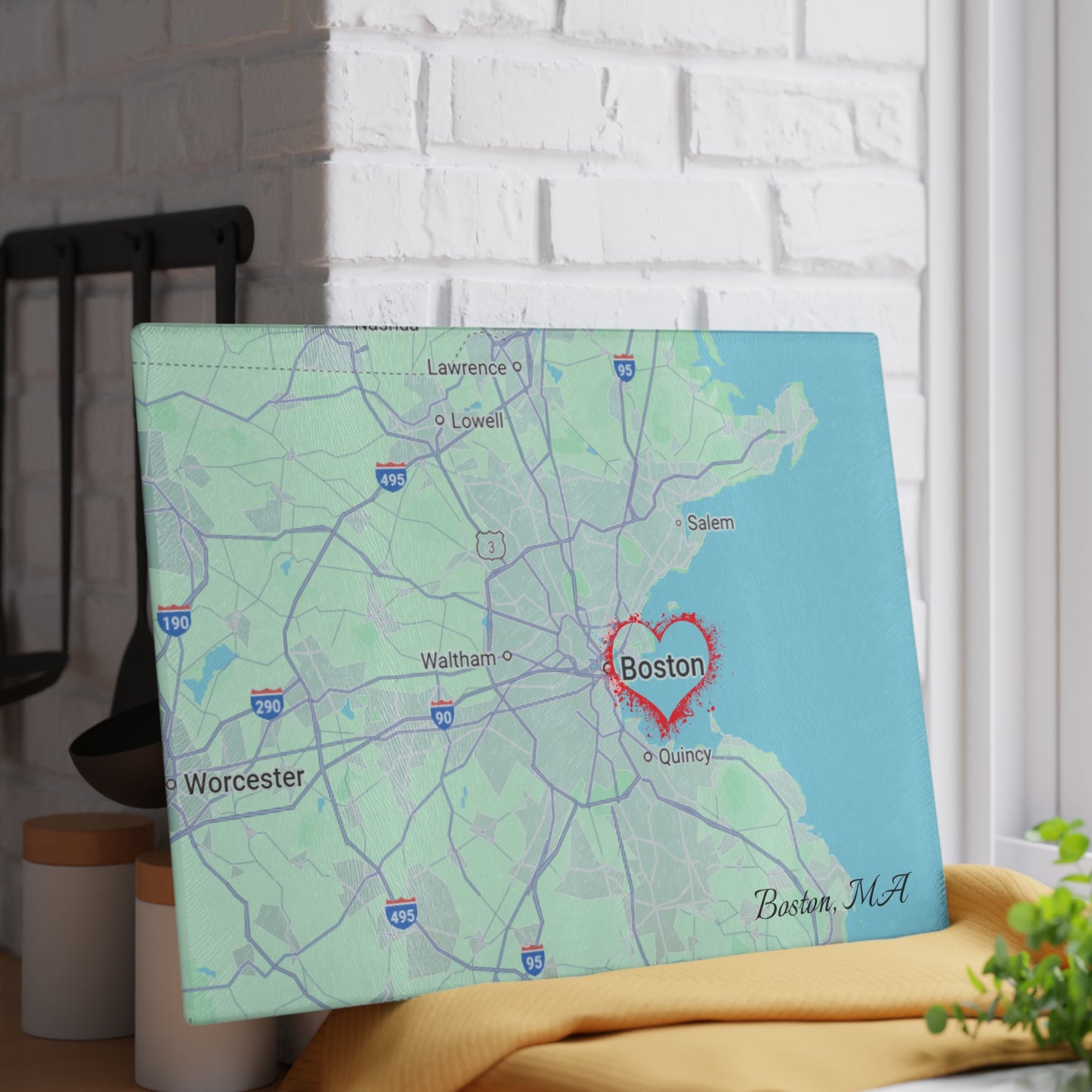 Boston Map Glass Cutting Board, Personalized Kitchen Decor, Gift for Boston Lovers, Wedding Registry, Home Cooking, Handmade Gift