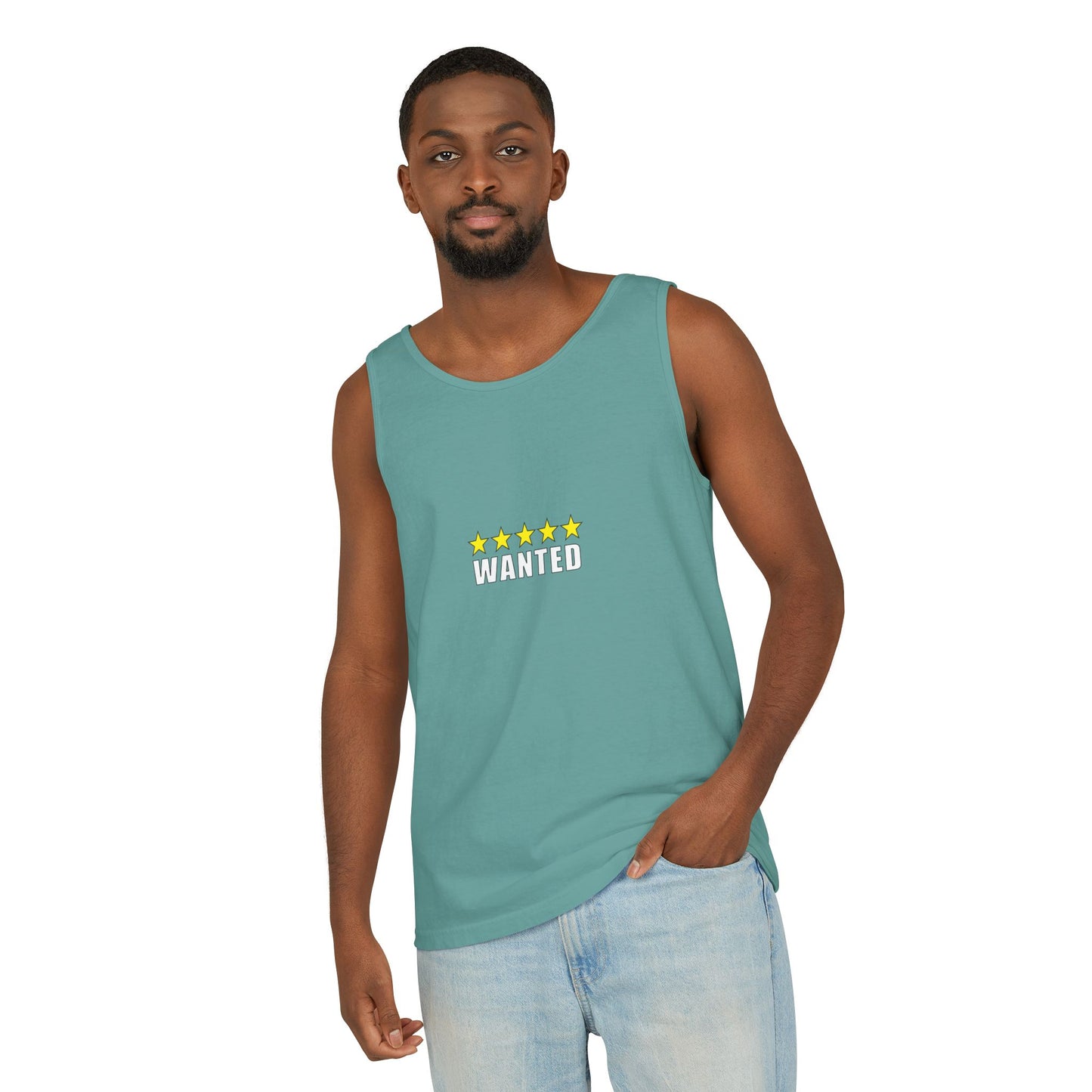 5-Star "WANTED" Garment-Dyed Tank Top, Unisex Summer Shirt, Gift for Him/Her, Trendy Casual Wear, Pool Party Outfit, Unique Graphic Tee
