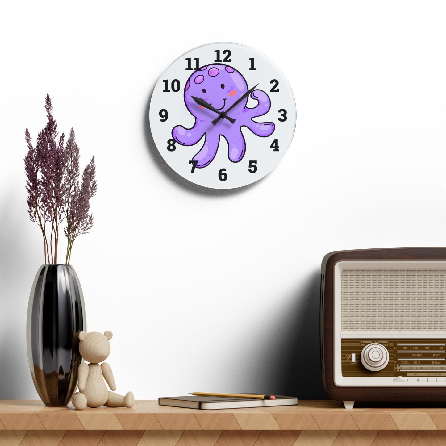 Cute Octopus Acrylic Wall Clock - Fun Kids Room Decor, Nautical Wall Art