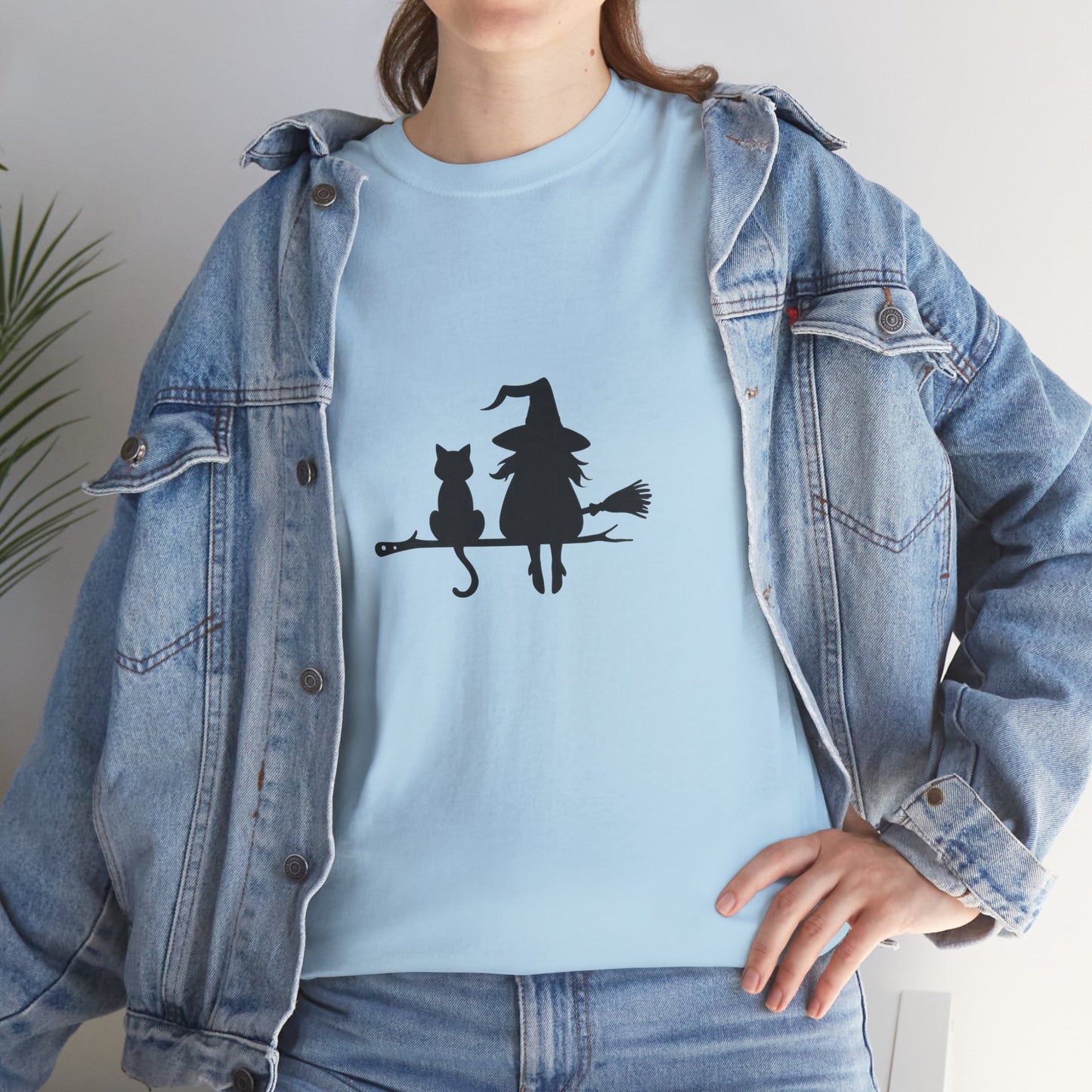 Witch and Cat Tee | Spooky Unisex Shirt for Halloween | Cute Witchwear for Cat Lovers | Fall Wardrobe Essential | Gift for Magical Friends