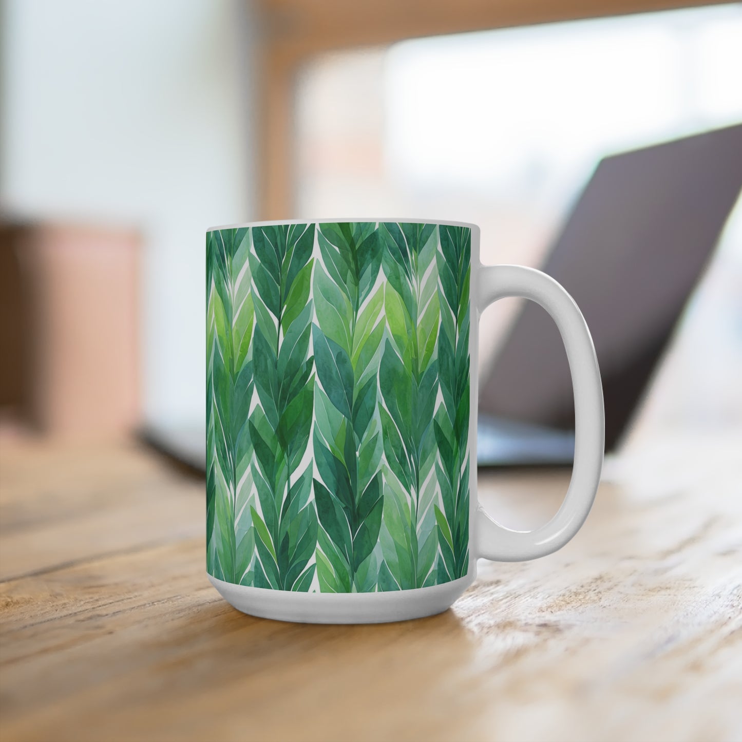 Green Leaf Pattern Mug - Nature Lover Gift, Eco-Friendly Drinkware, Plant Decor, Tea & Coffee Cup, Home Office Essential