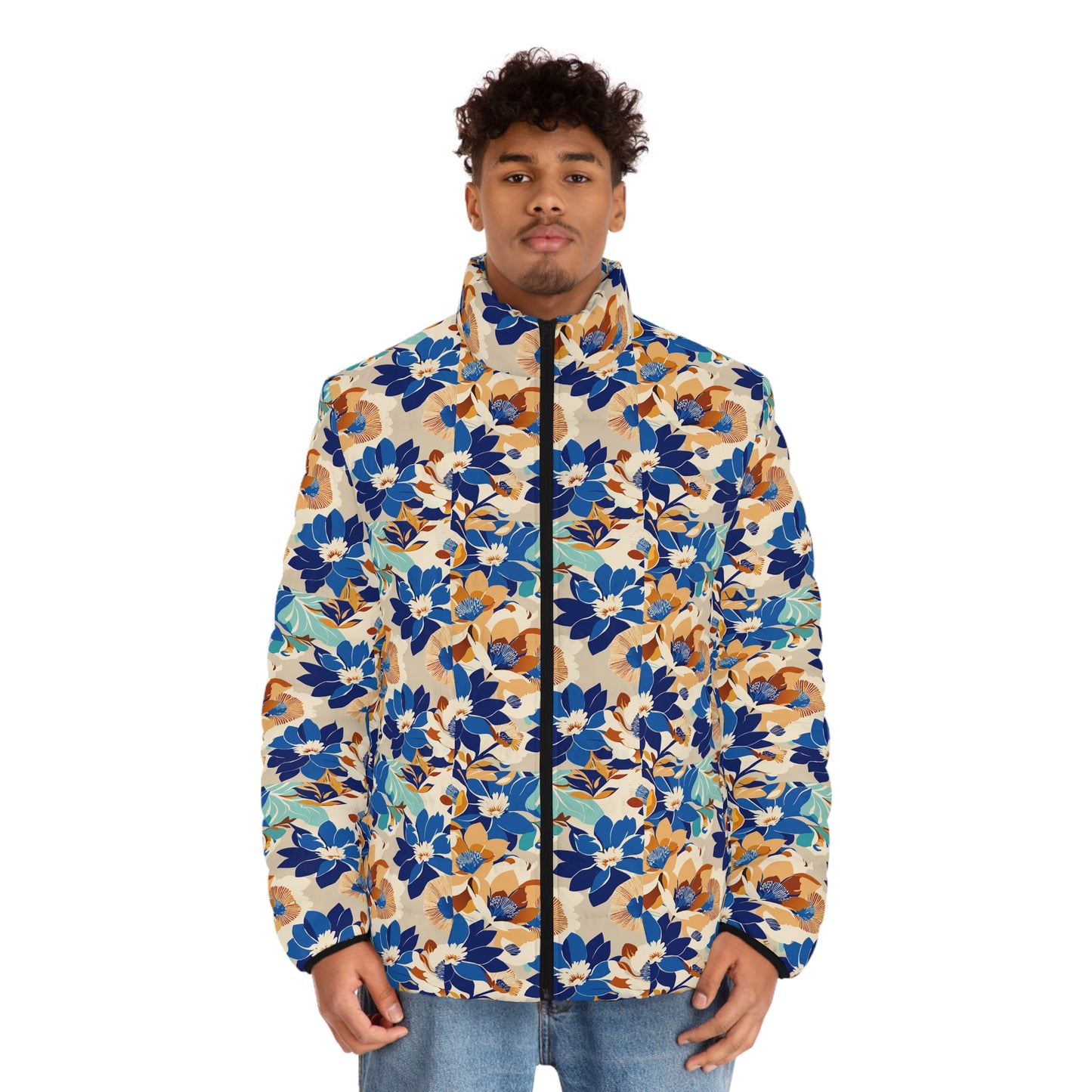 Floral Men's Puffer Jacket, Stylish Winter Coat, Nature-Inspired Outerwear, Trendy Layering Piece, Perfect for Gifting