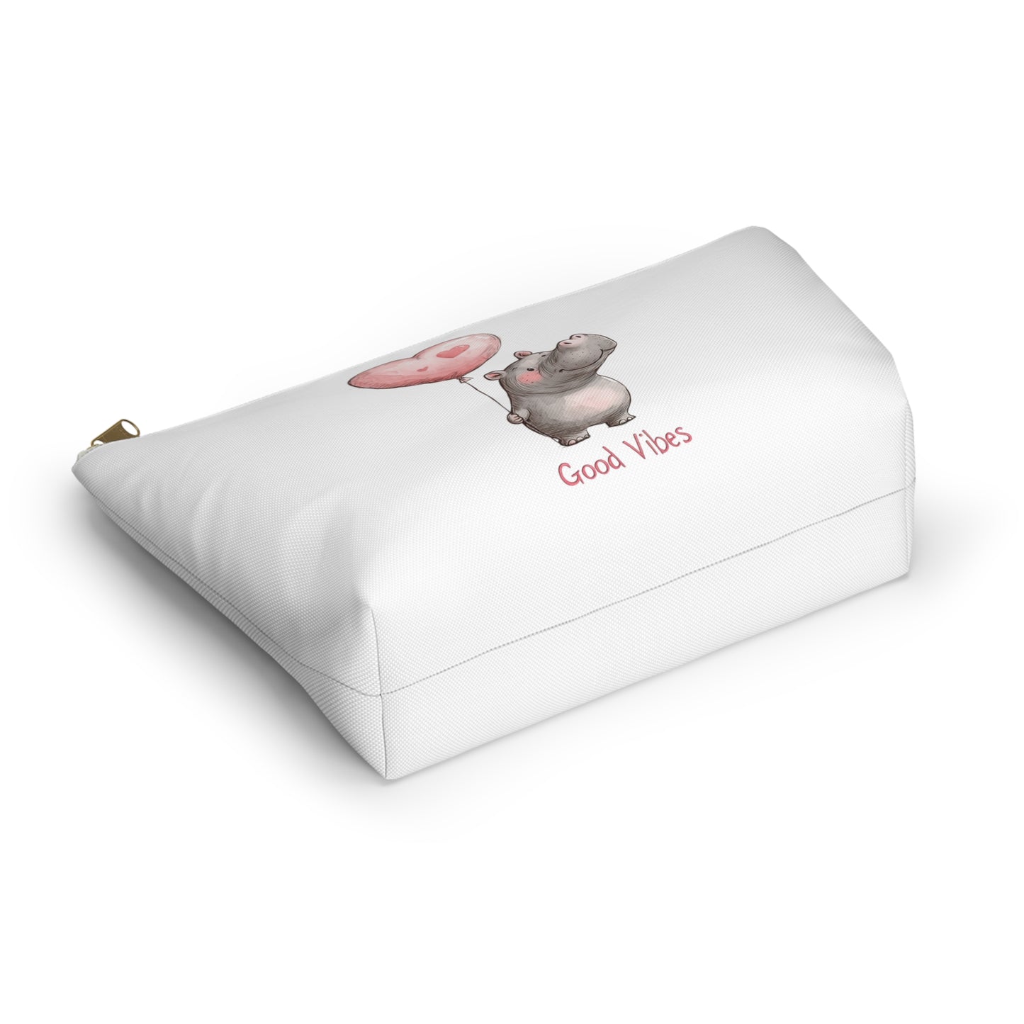 Good Vibes Hippo Accessory Pouch, Cute Makeup Bag, Gift for Animal Lovers, Fun Travel Organizer, Heart Balloon Design