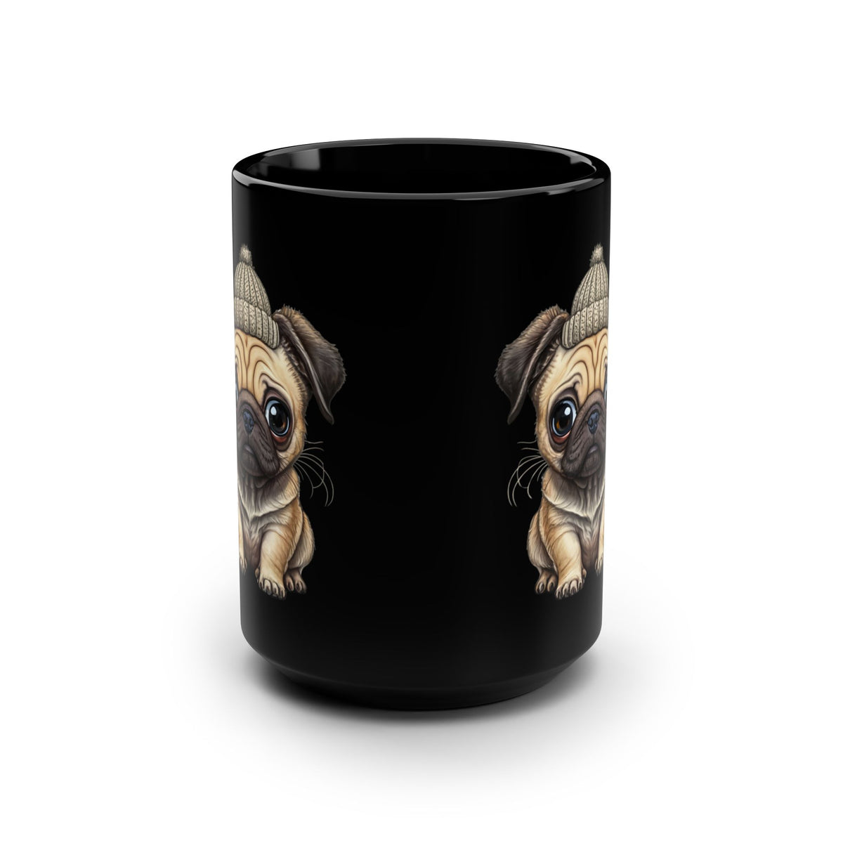 15oz Black Mug — Cute Pug Puppy with Beanie Coffee Mug