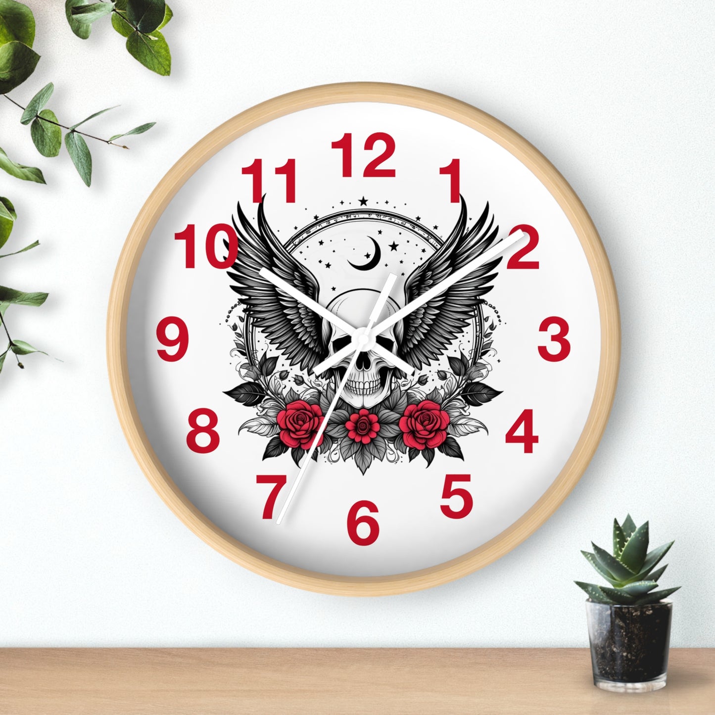 Winged Skull with Red Roses Wall Clock | Gothic Moon Skull Clock