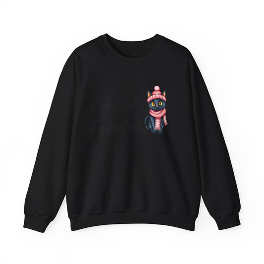Crewneck Sweatshirt — "Furkin' Fabulous" Cute Black Cat in Pink Hat & Scarf