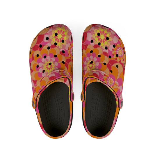 Floral Retro Foam Clogs — Pink Orange Psychedelic Garden Slip-Ons