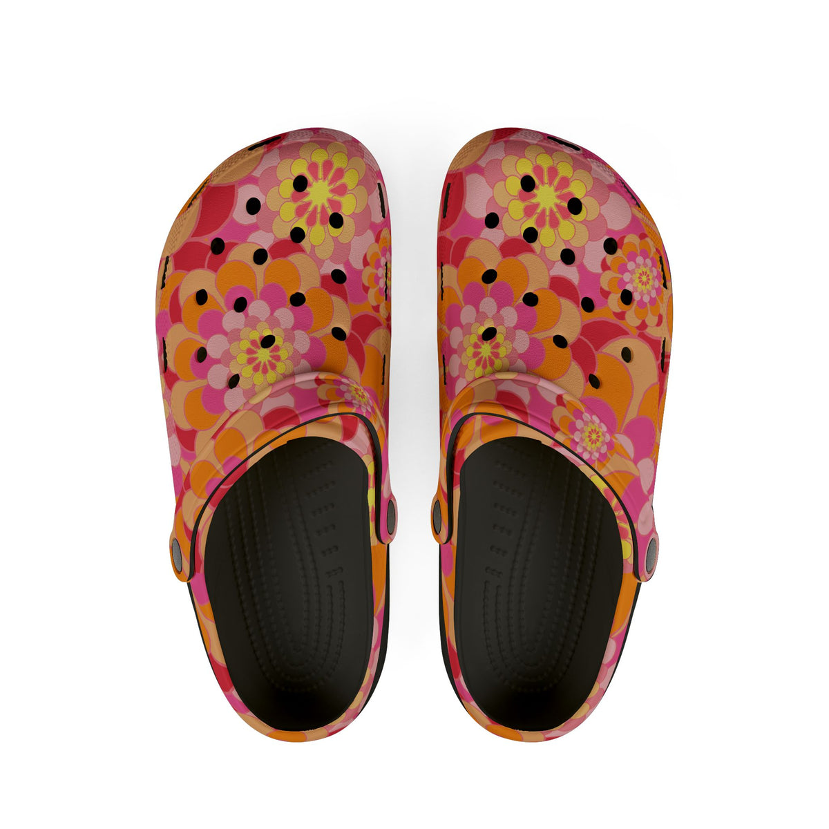 Floral Retro Foam Clogs — Pink Orange Psychedelic Garden Slip-Ons