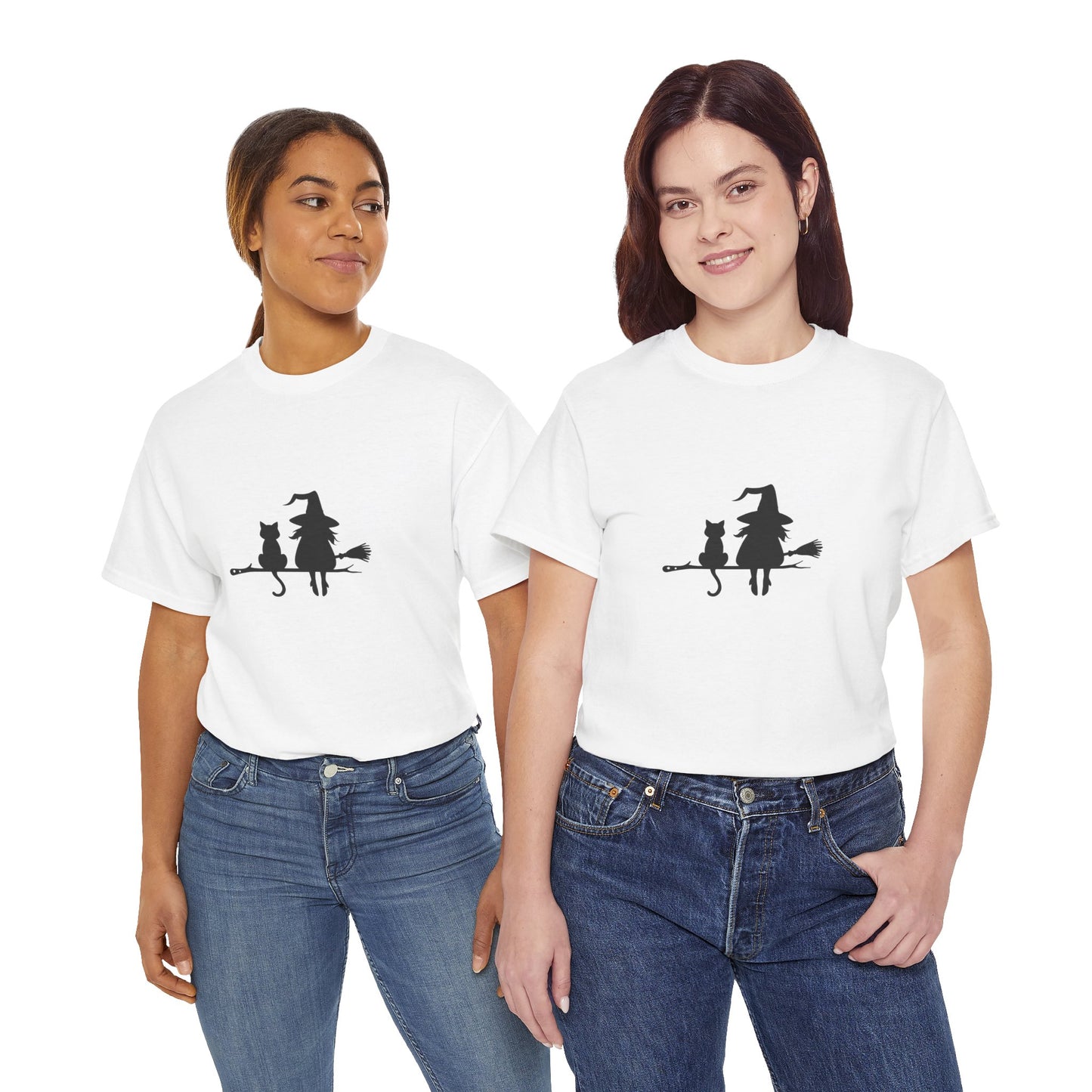 Witch and Cat Tee | Spooky Unisex Shirt for Halloween | Cute Witchwear for Cat Lovers | Fall Wardrobe Essential | Gift for Magical Friends
