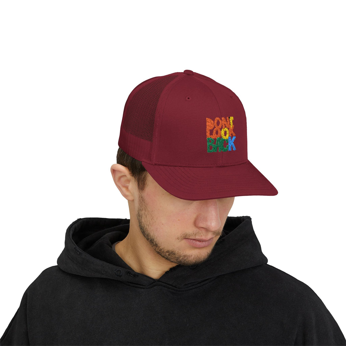 Don’t Look Back Snapback Trucker Cap — Retro Rainbow Embroidered Hat