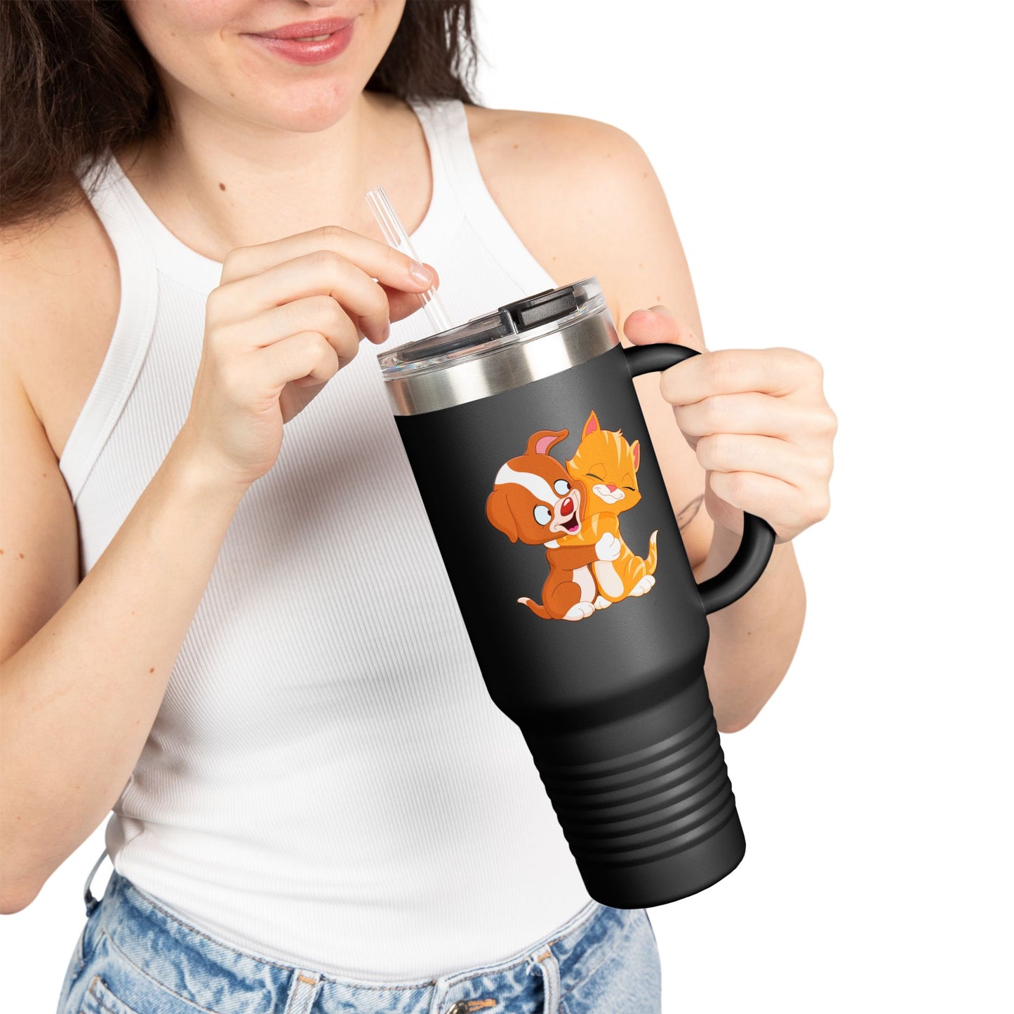 Whimsical Pet Love Insulated Travel Mug, Cute Animal Travel Mug, 40oz Coffee Cup, Dog Cat Drinkware, Funny Gift for Pet Lovers