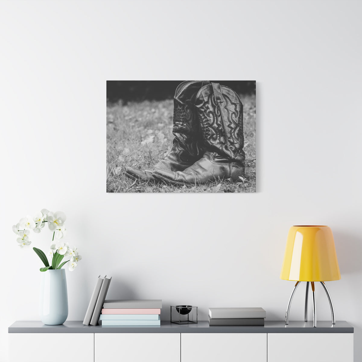 Western Cowboy Boots Matte Canvas Wall Art – Black & White Rustic Country Decor