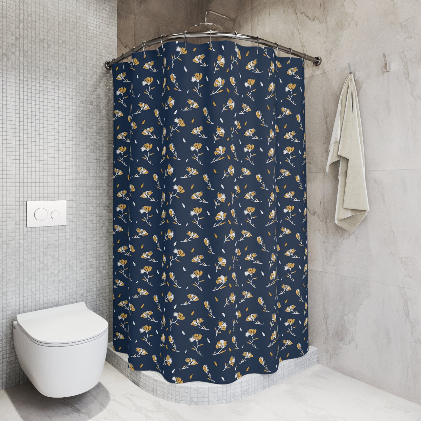 Navy Floral Shower Curtain - Elegant Bathroom Decor, Floral Home Accent, Gift for Housewarming, Modern Bathroom, Navy Blue Curtain