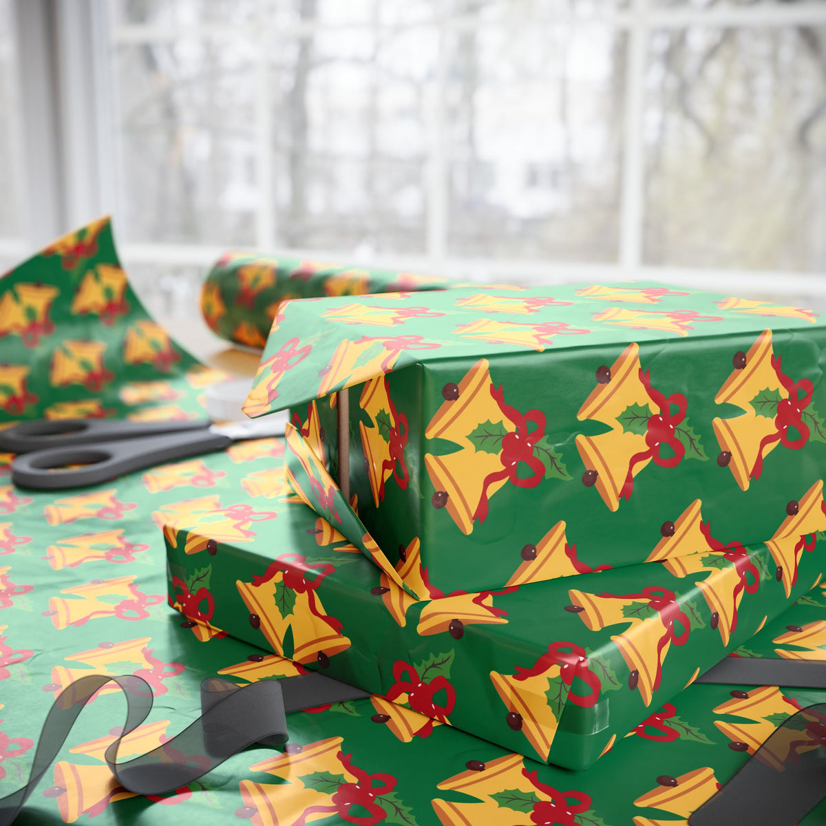 Christmas Bells Wrapping Paper Roll — Green Holly Holiday Gift Wrap