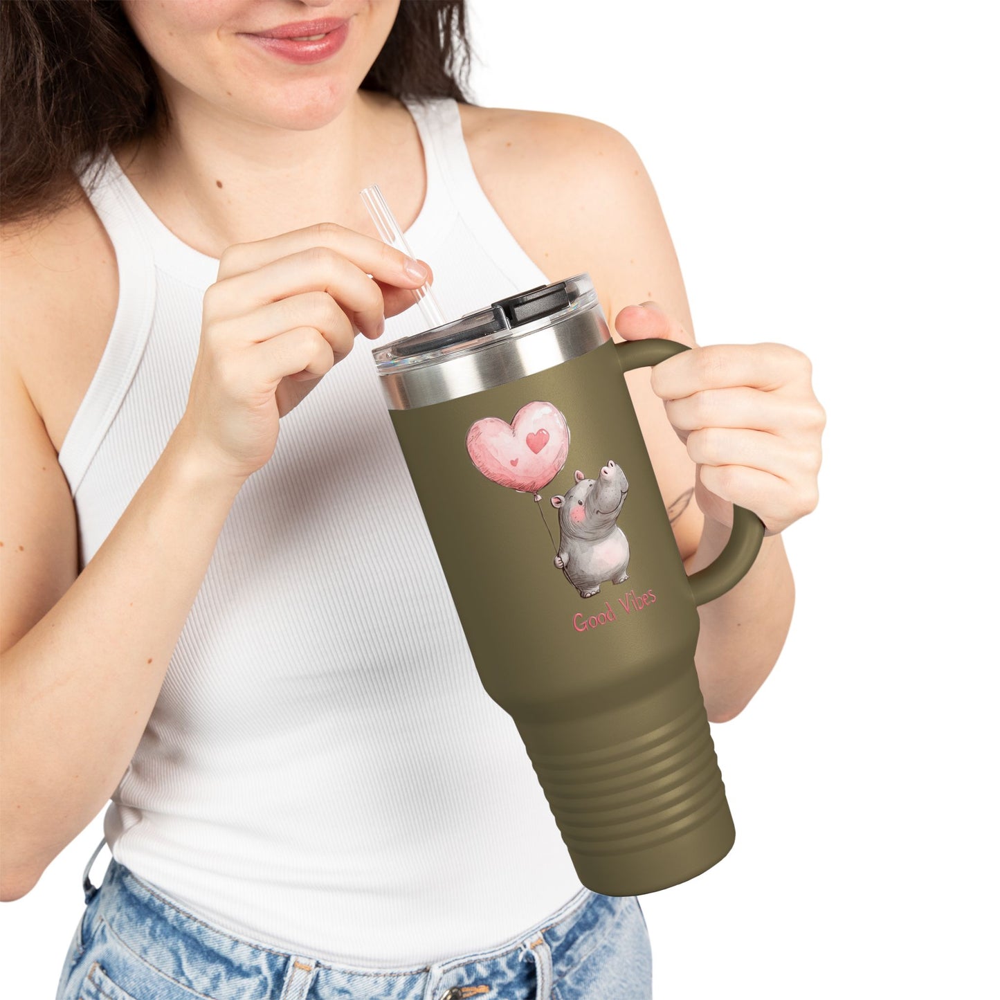 Cute Hippo Good Vibes Insulated Travel Mug | 40oz | Fun Drinkware | Perfect for Travel, Gifts, Picnic, or Daily Use