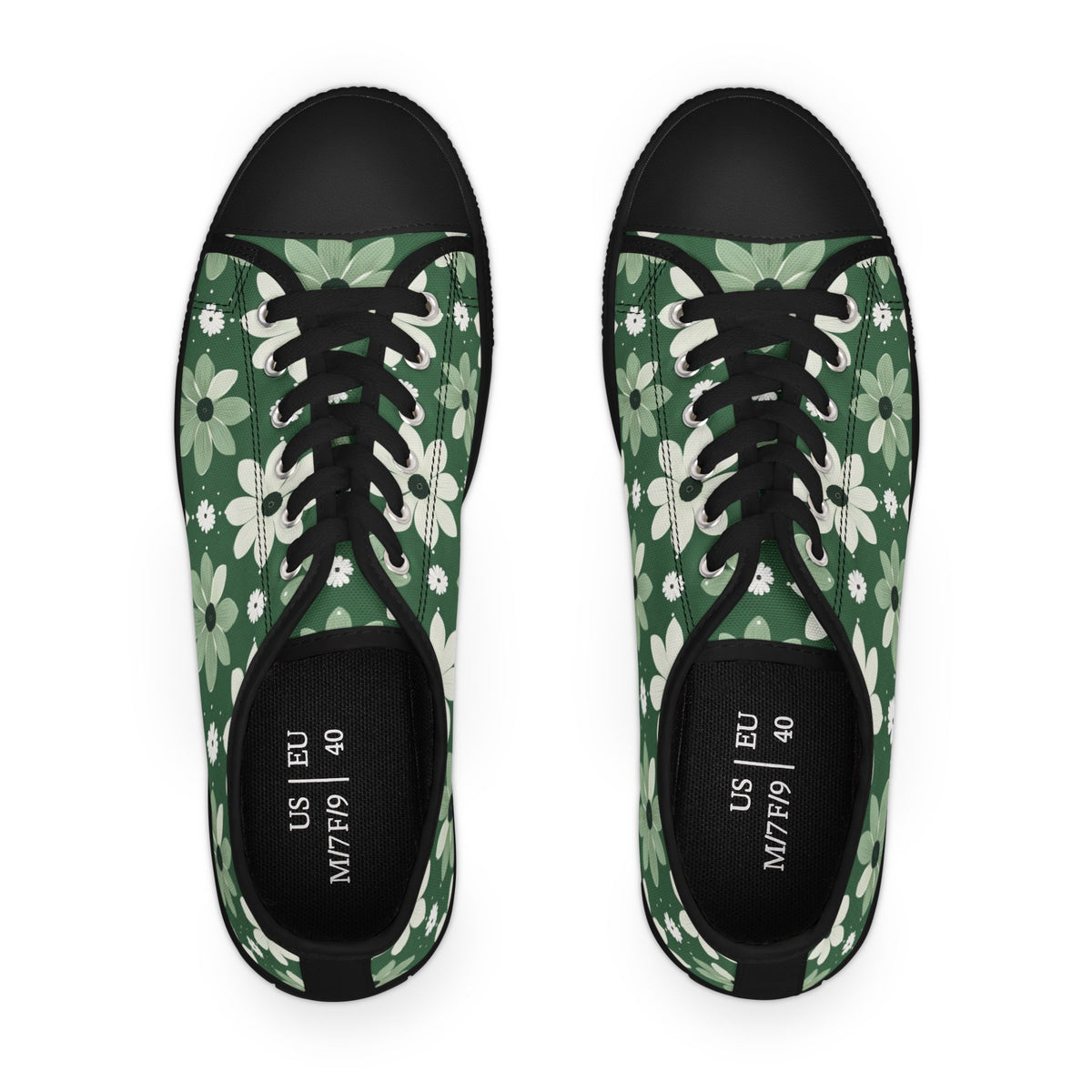 Floral Green Daisy Low Top Sneakers — Casual Garden Print Shoes