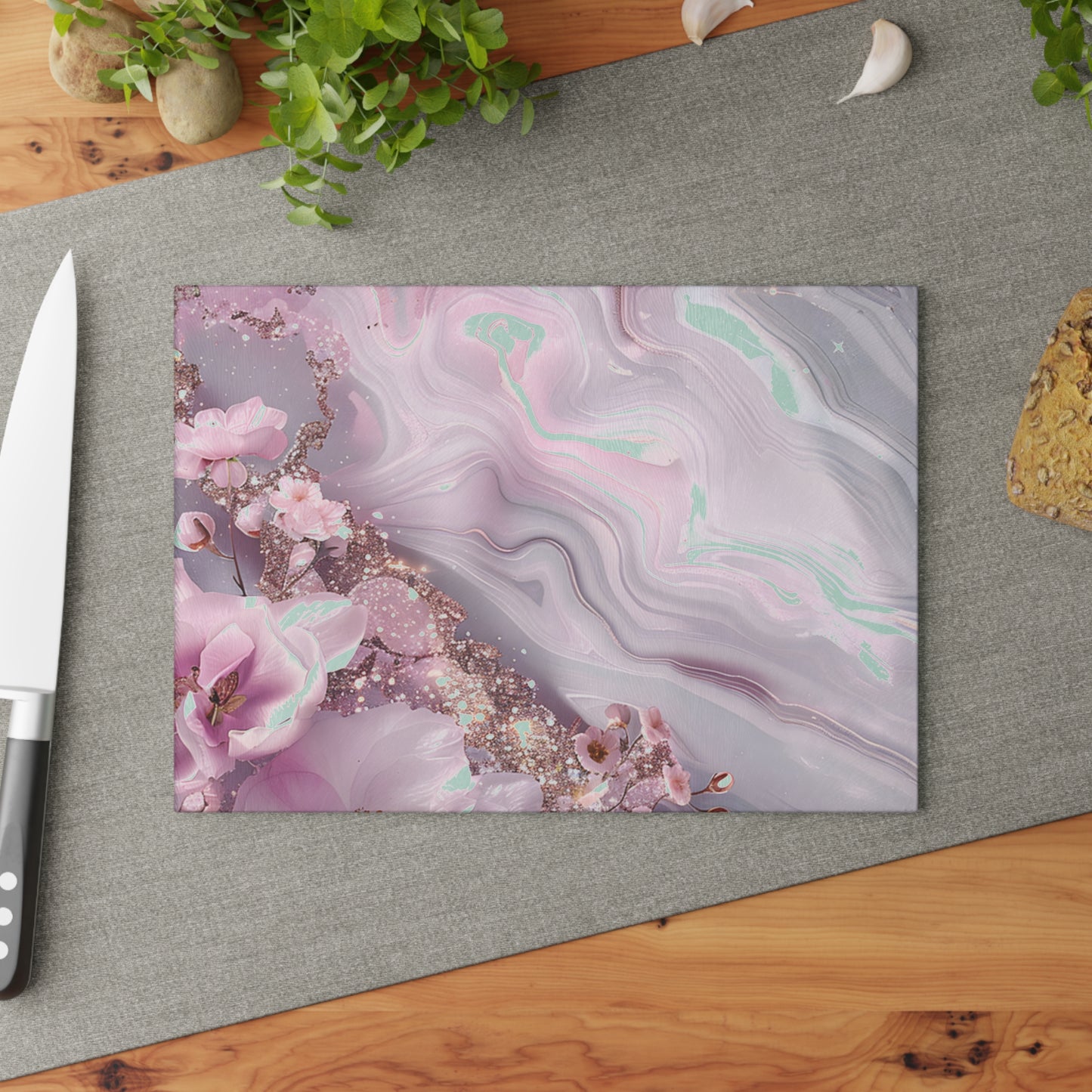Elegant Floral Glass Cutting Board, Kitchen Decor, Gift for Chef