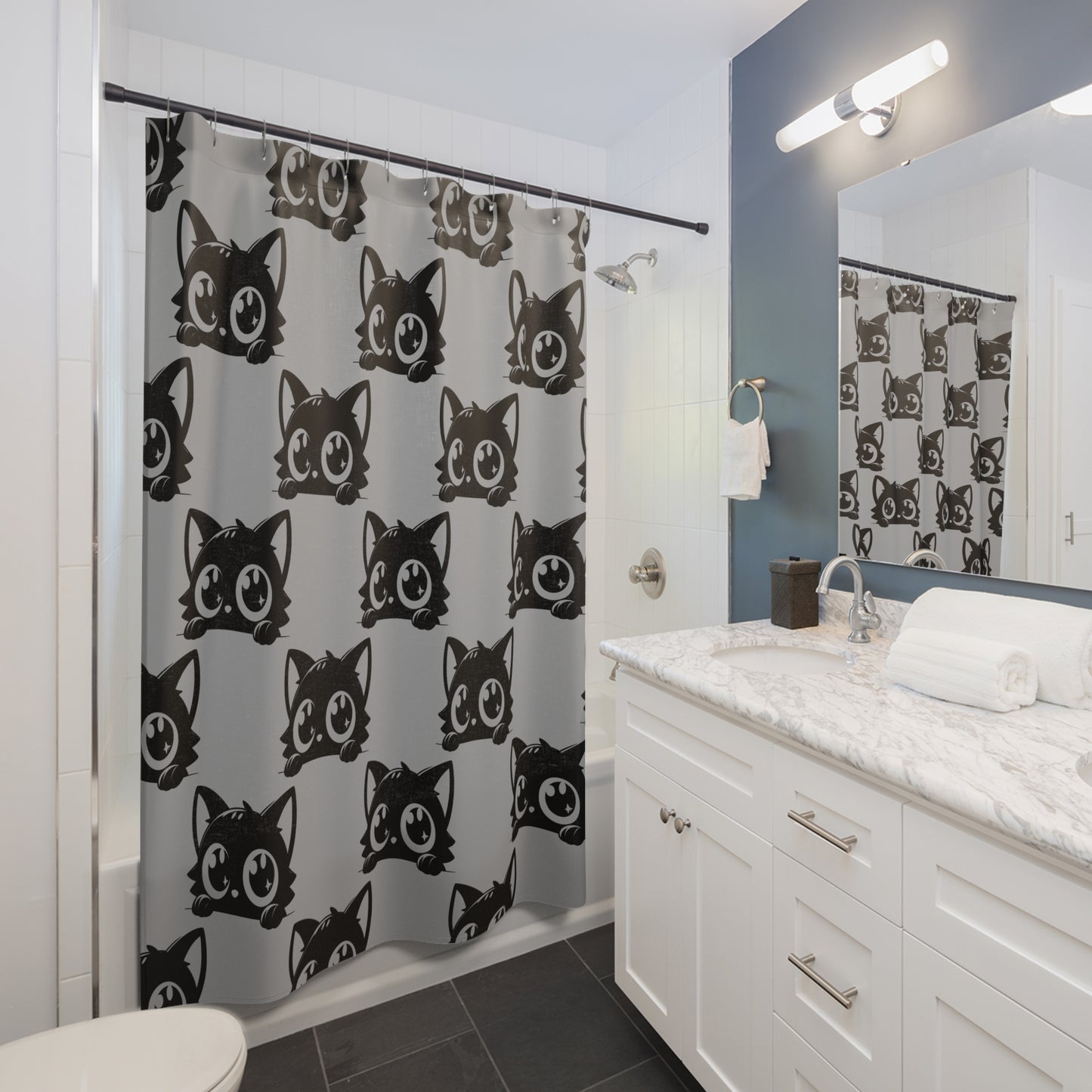 Cute Cat Shower Curtain, Black Cat Bathroom Decor, Animal Lover Gift, Kids' Room Accessory, Funny Shower Decor