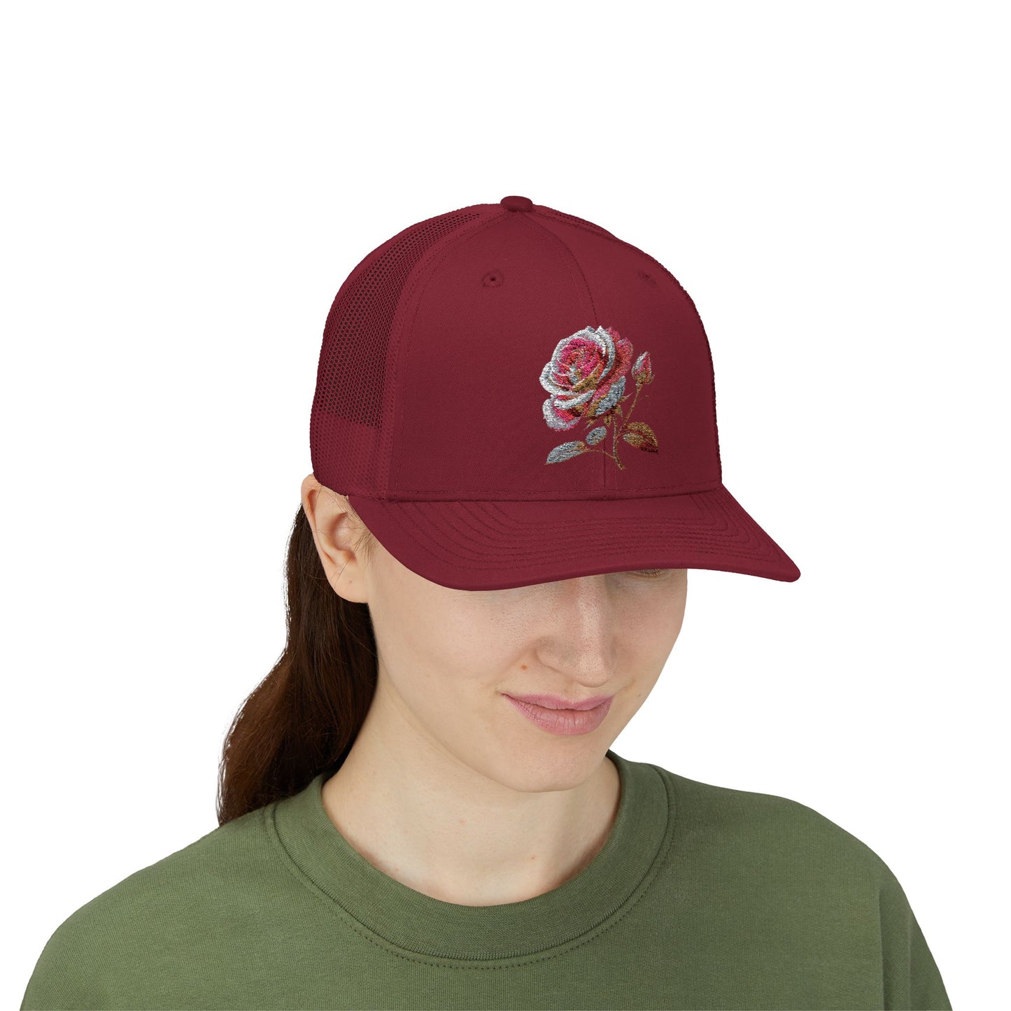 Rose Embellished Snapback Trucker Cap, Casual Hat for Outdoor Events, Gift for Flower Lovers, Stylish Fashion Accessory, Holiday Cap