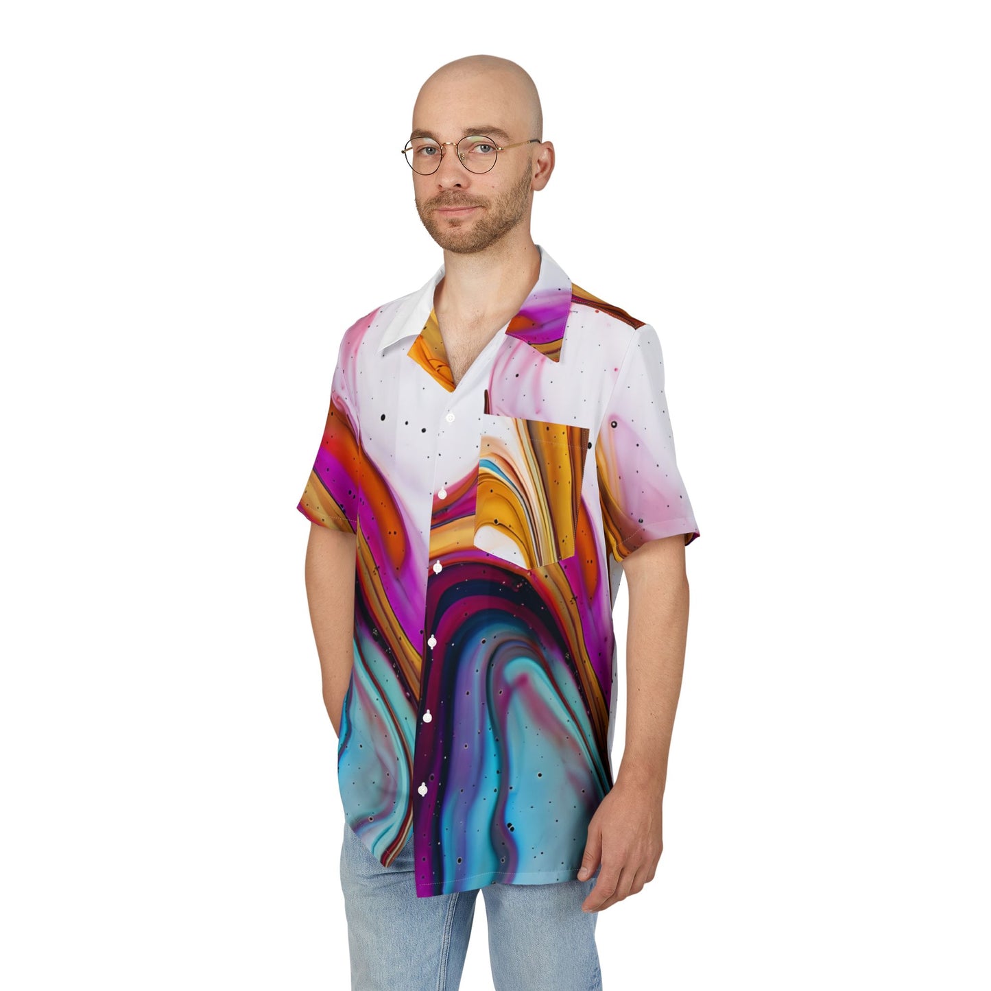 Vibrant Abstract Hawaiian Button-Down Shirt, Summer Casual Wear