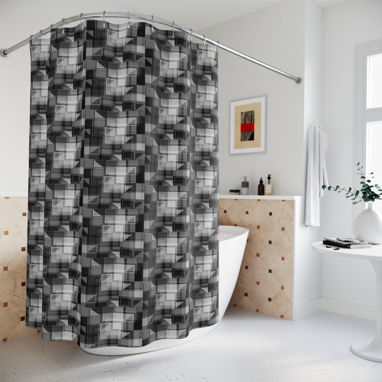 Geometric Pattern Shower Curtain for Modern Bathrooms, Chic Shower Decor, Black and White Bath Accessory, Stylish Home Upgrade