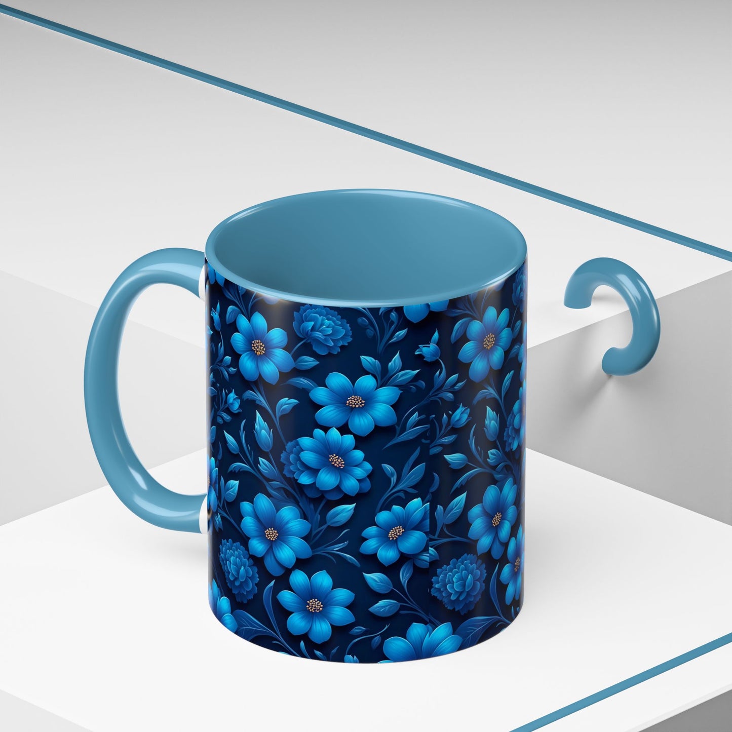 Floral Accent Coffee Mug, Blue Flower Mug, Ceramic Coffee Cup, Gift for Her, Nature-Themed Drinkware, Floral Home Decor, Unique Mug