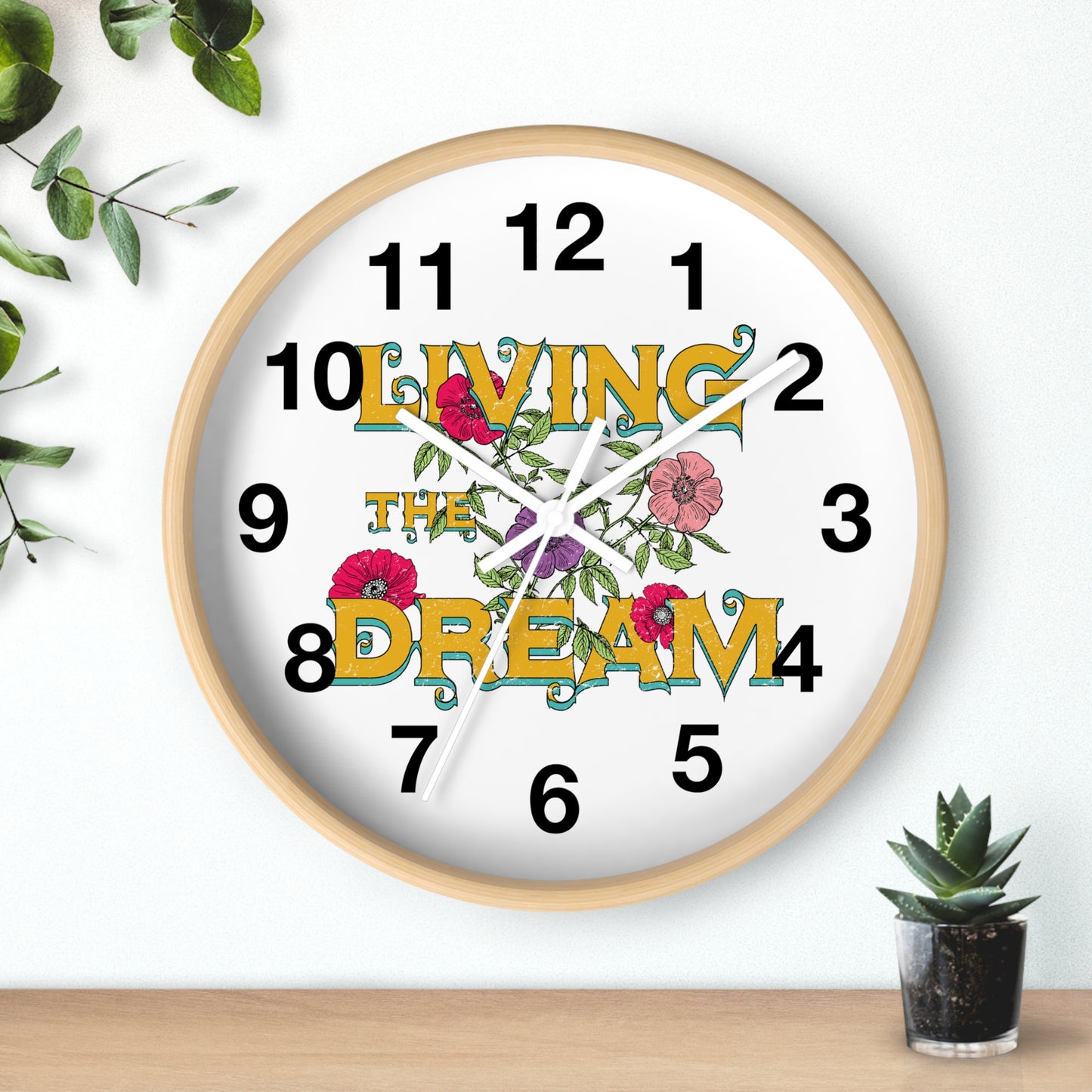Living the Dream Floral Wall Clock, Boho Home Decor, Motivational Gift, Office Clock, Unique Wall Art