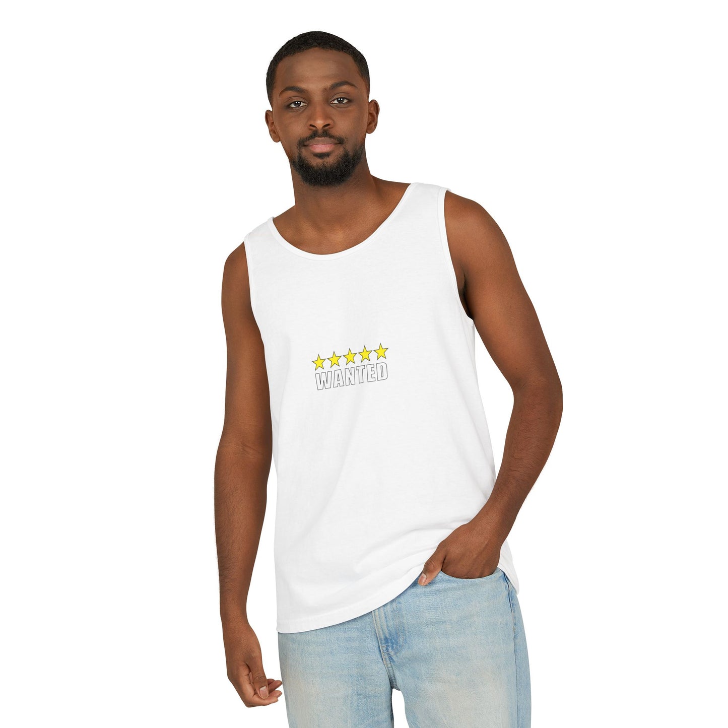 5-Star "WANTED" Garment-Dyed Tank Top, Unisex Summer Shirt, Gift for Him/Her, Trendy Casual Wear, Pool Party Outfit, Unique Graphic Tee