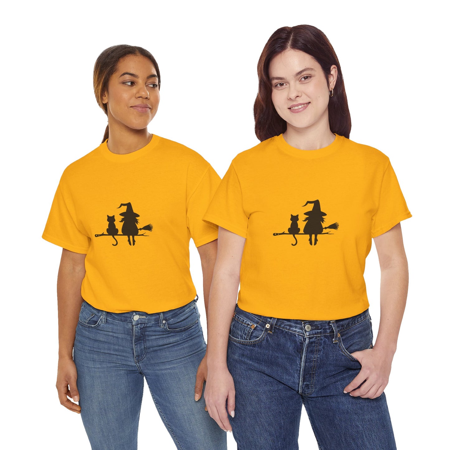 Witch and Cat Tee | Spooky Unisex Shirt for Halloween | Cute Witchwear for Cat Lovers | Fall Wardrobe Essential | Gift for Magical Friends