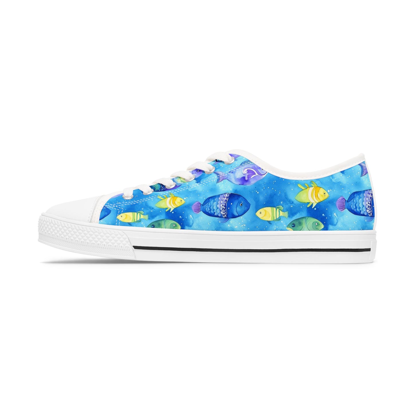 Low Top Sneakers — Blue Tropical Fish Print Canvas Shoes