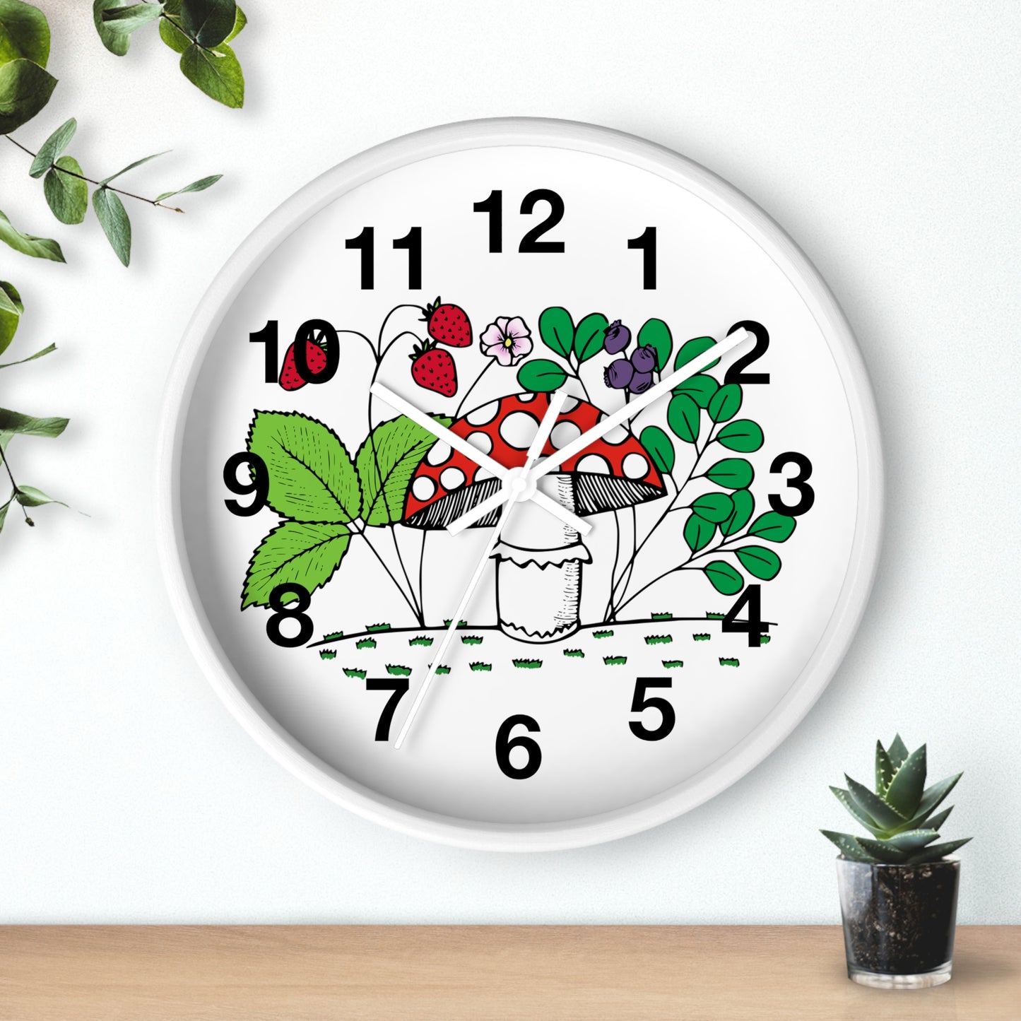 Charming Nature-Inspired Wall Clock with Mushroom and Berries, Home Decor, Rustic Clock, Gift for Nature Lovers, Boho Wall Art