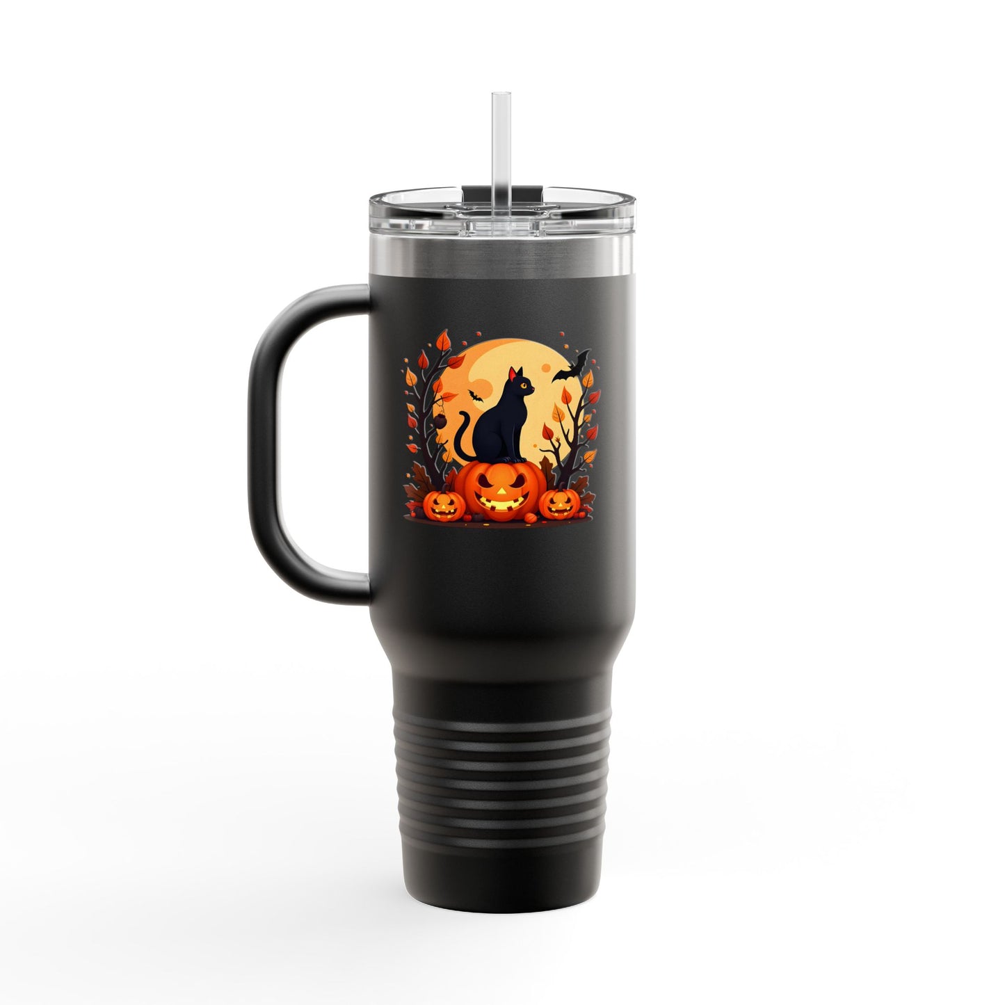 Halloween Cat Insulated Travel Mug | 40oz, Fall Coffee Tumbler, Pumpkin Travel Cup, Spooky Drinkware, Gift for Cat Lovers
