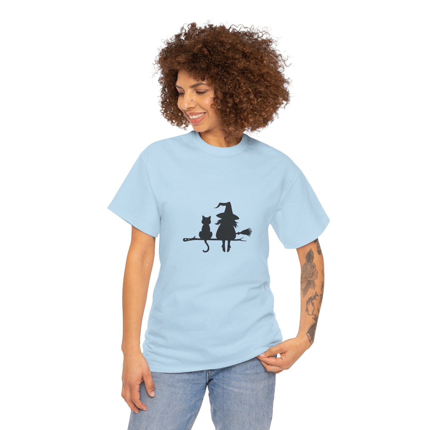 Witch and Cat Tee | Spooky Unisex Shirt for Halloween | Cute Witchwear for Cat Lovers | Fall Wardrobe Essential | Gift for Magical Friends