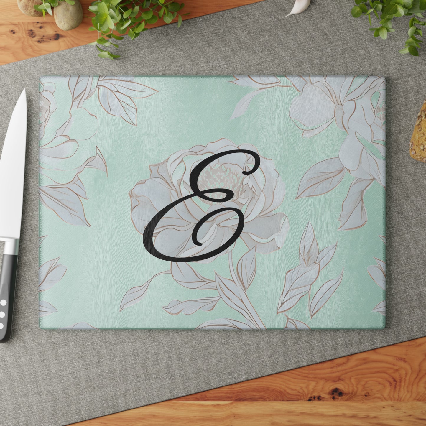 Personalized Floral Glass Cutting Board - Elegant Kitchen Decor, Unique Gift, Wedding Registry, Housewarming, Custom Monogram