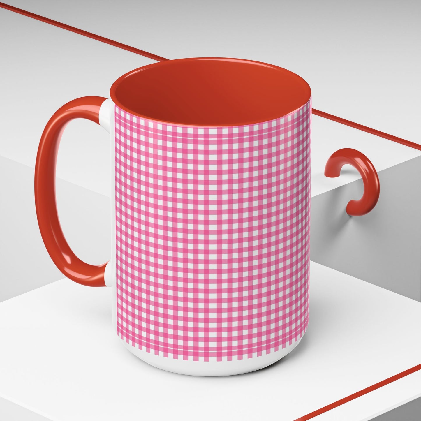 Pink Gingham Accent Coffee Mug, Cute Kitchen Decor, Gift for Coffee Lovers, Home Office Mug, Spring and Summer Vibes