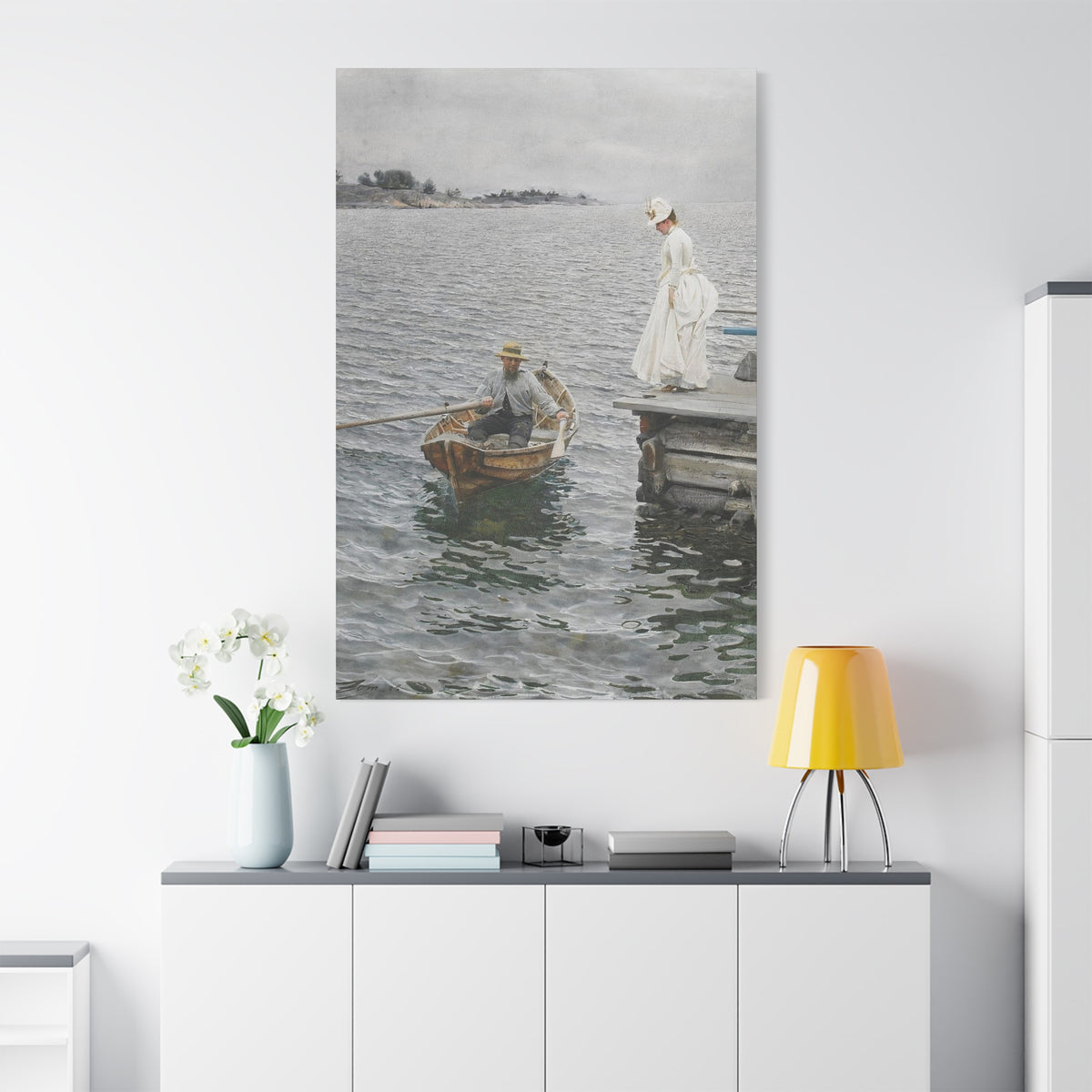 Seaside Stroll Canvas Print — Vintage Woman & Rowboat Matte Stretched Art 1.25"