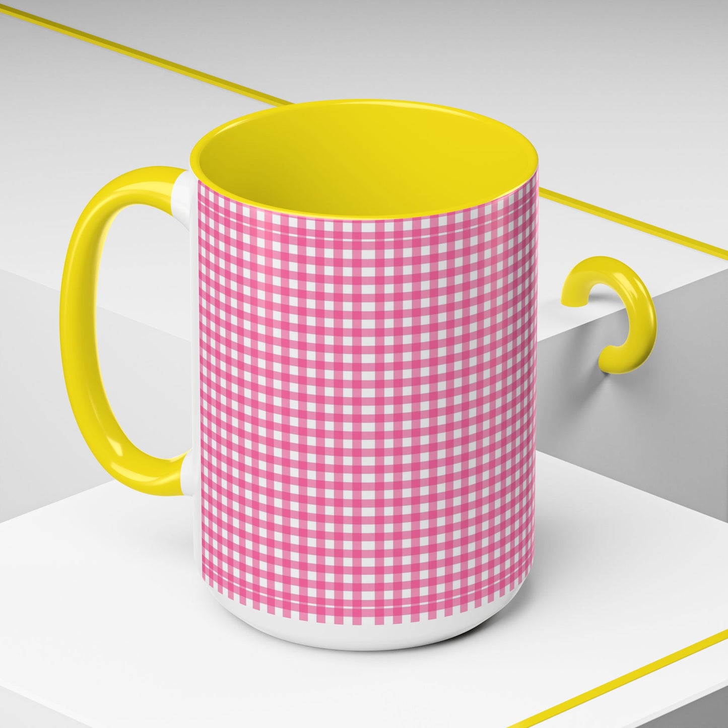 Pink Gingham Accent Coffee Mug, Cute Kitchen Decor, Gift for Coffee Lovers, Home Office Mug, Spring and Summer Vibes