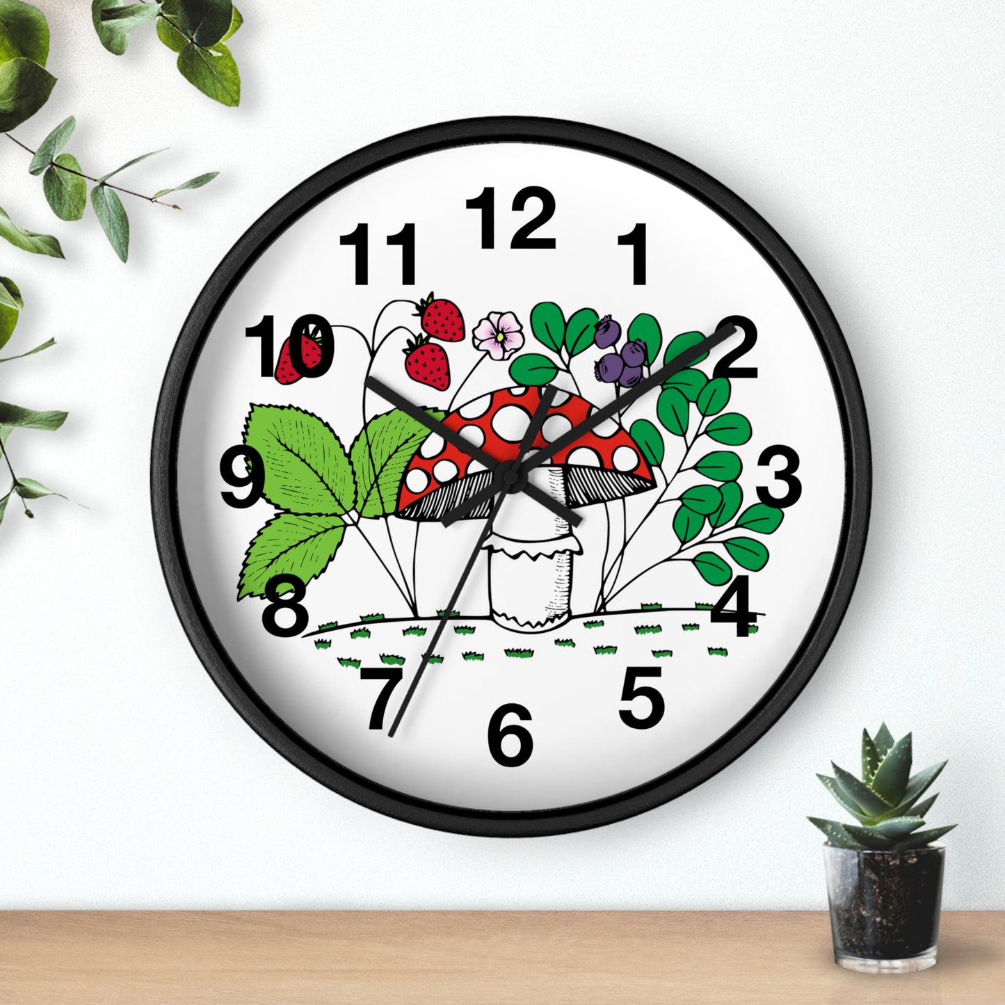 Charming Nature-Inspired Wall Clock with Mushroom and Berries, Home Decor, Rustic Clock, Gift for Nature Lovers, Boho Wall Art