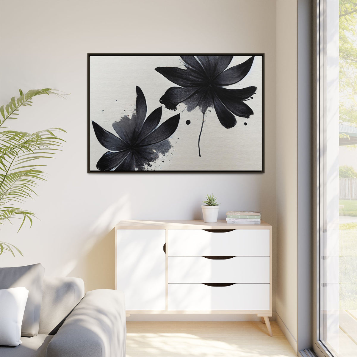 Framed Black Floral Matte Canvas Wall Art — Monochrome Botanical Print