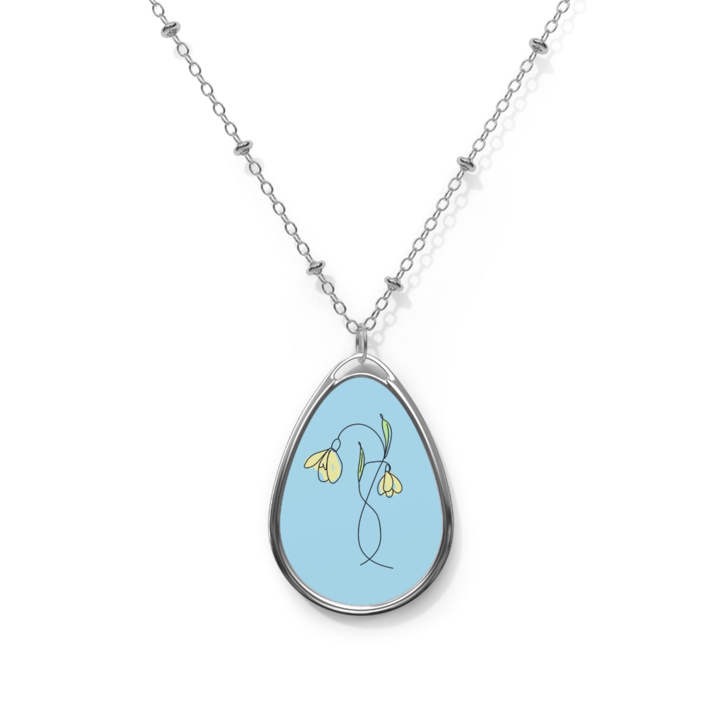 Floral Oval Necklace with Blue Background, Perfect Gift for Mother's Day, Anniversary, or Birthdays, Women’s Jewelry, Handmade Pendant