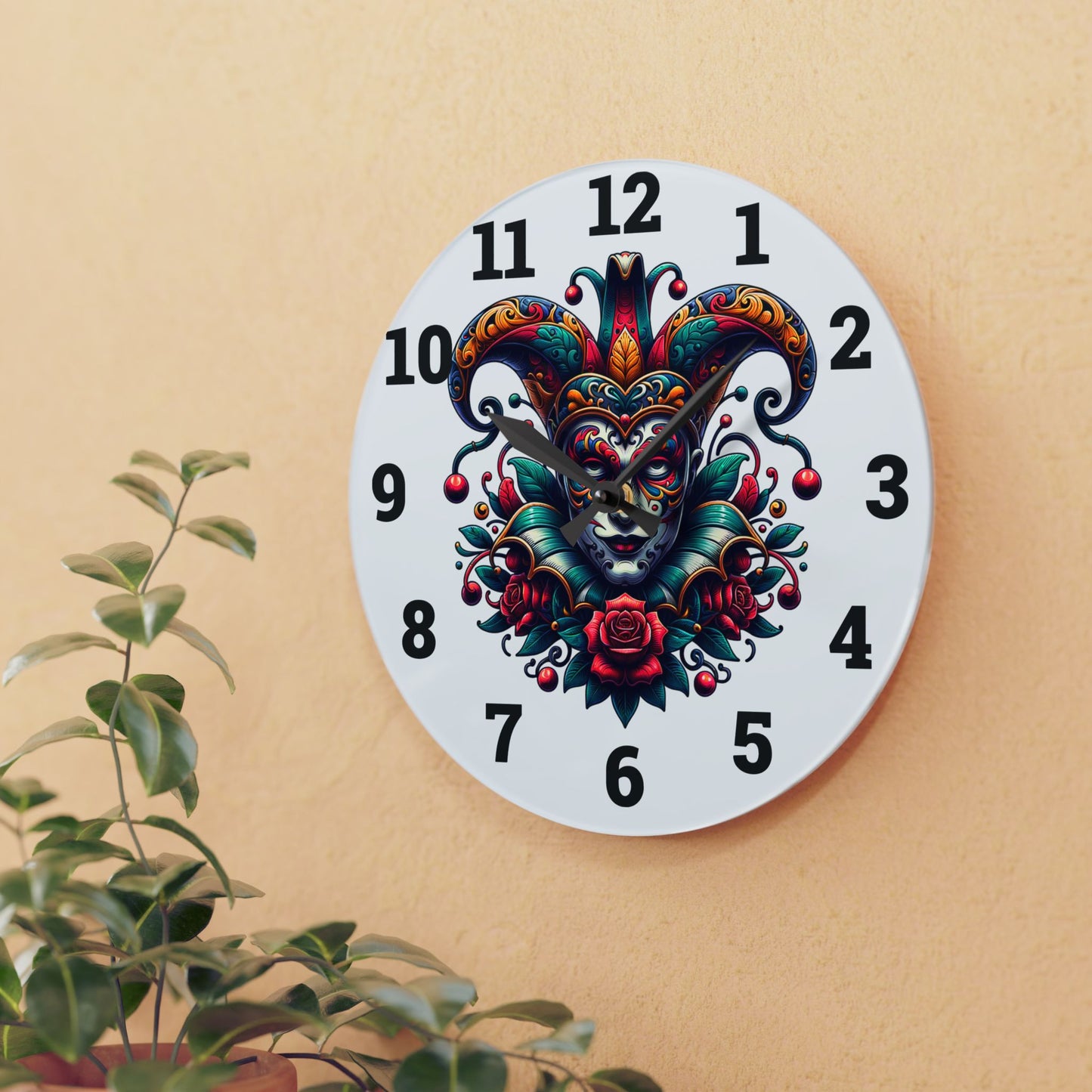 Vibrant Acrylic Wall Clock with Jester Design - Colorful Home