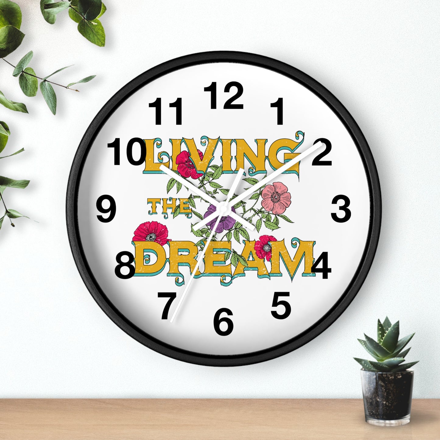 Living the Dream Floral Wall Clock, Boho Home Decor, Motivational Gift, Office Clock, Unique Wall Art