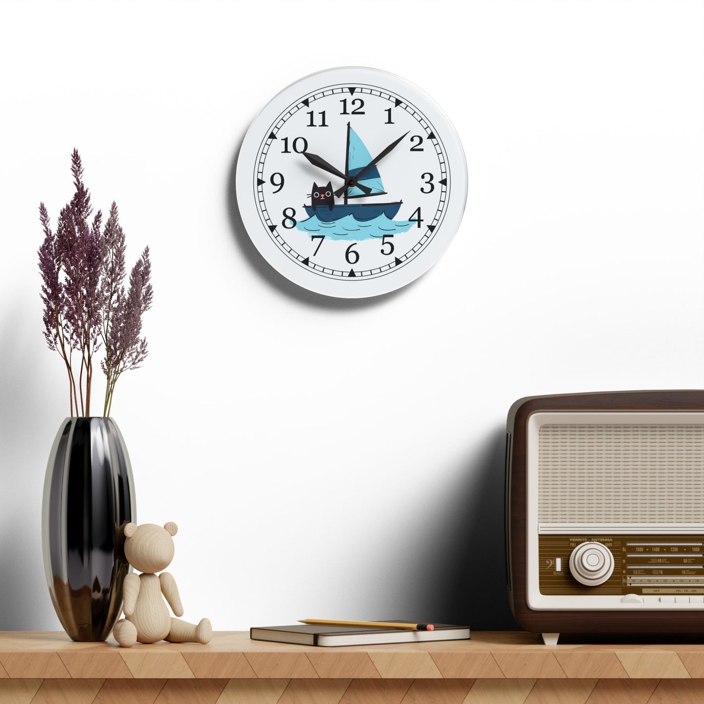 Sailing Cat Acrylic Wall Clock, Cute Home Decor, Nautical Gift, Cat Lover's Wall Art, Unique Timepiece, Kids Room Decoration