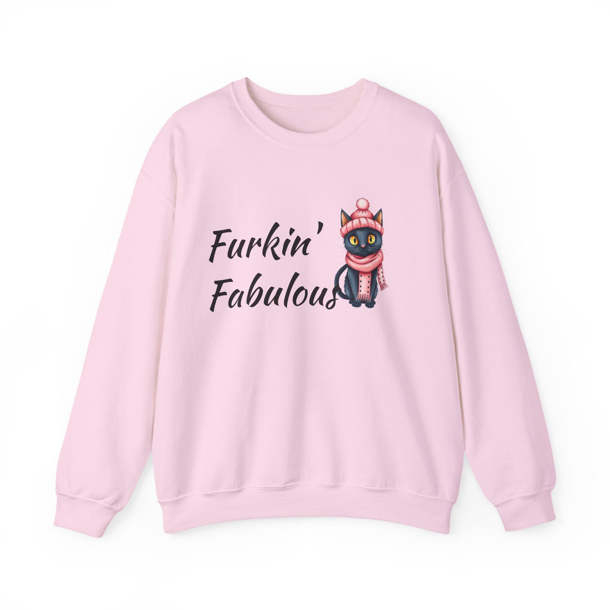 Crewneck Sweatshirt — "Furkin' Fabulous" Cute Black Cat in Pink Hat & Scarf