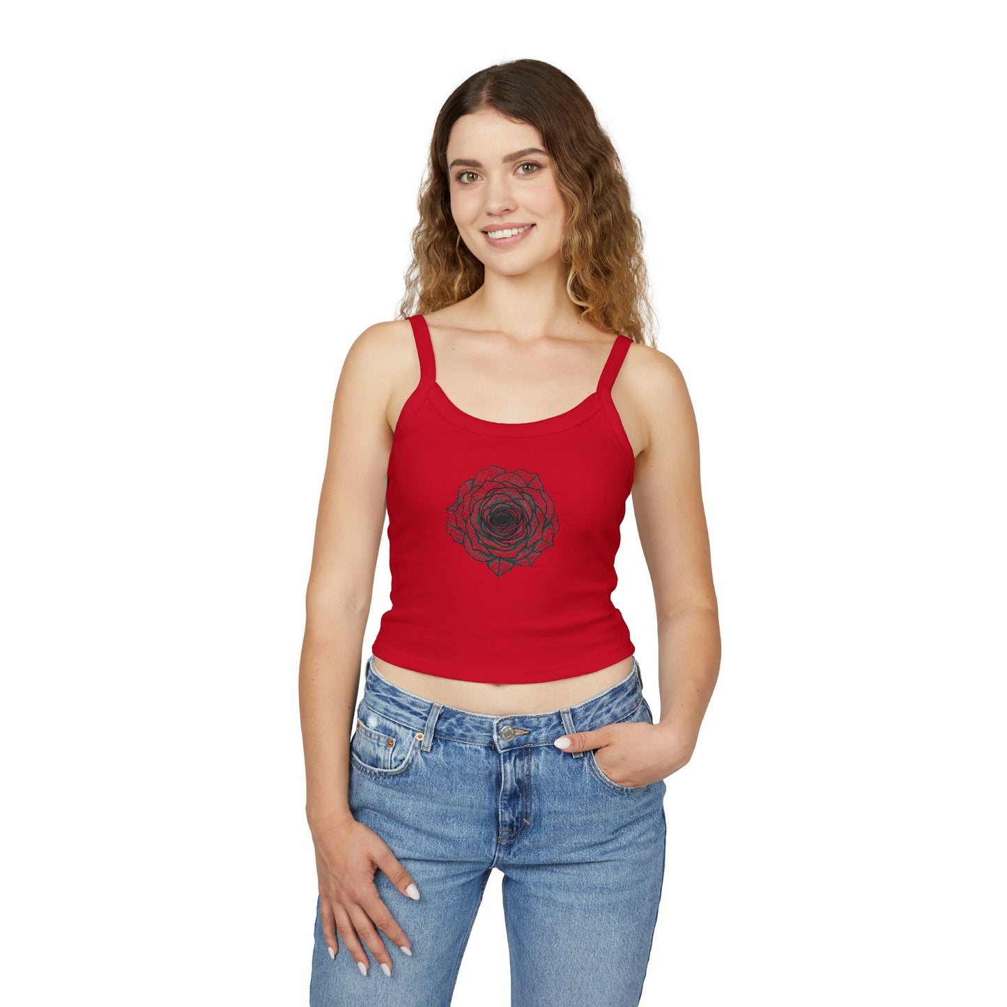 Chic Women's Spaghetti Strap Tank Top with Black Lace Rose Design, Casual Summer Wear, Festival Top, Gift for Her, Layering Essential