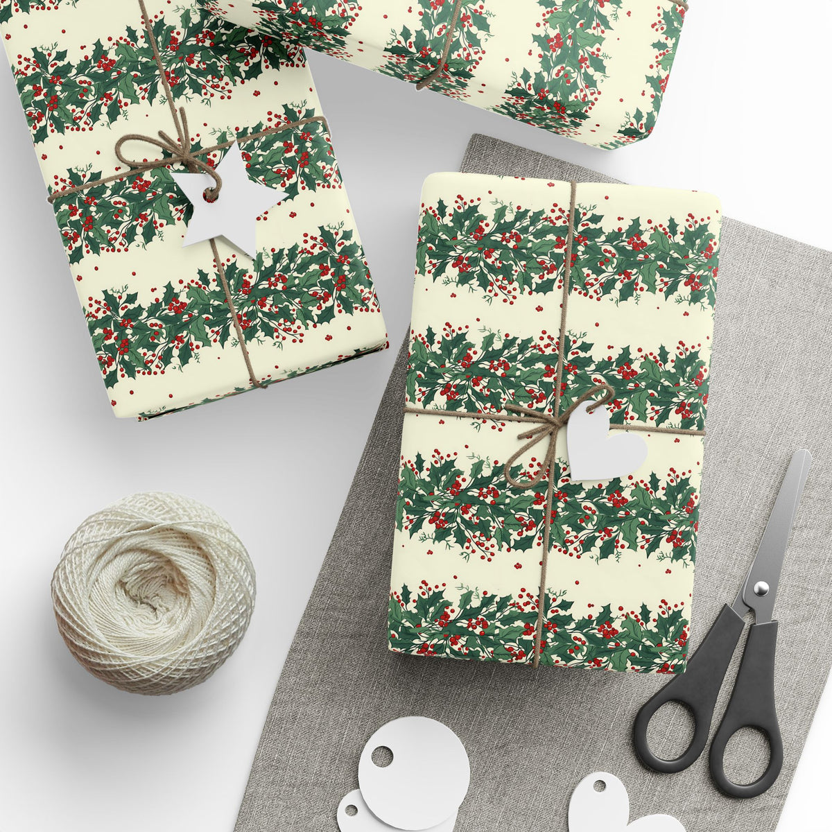 Wrapping Paper Roll — Festive Green Wreath & Red Berry Holiday Wrap