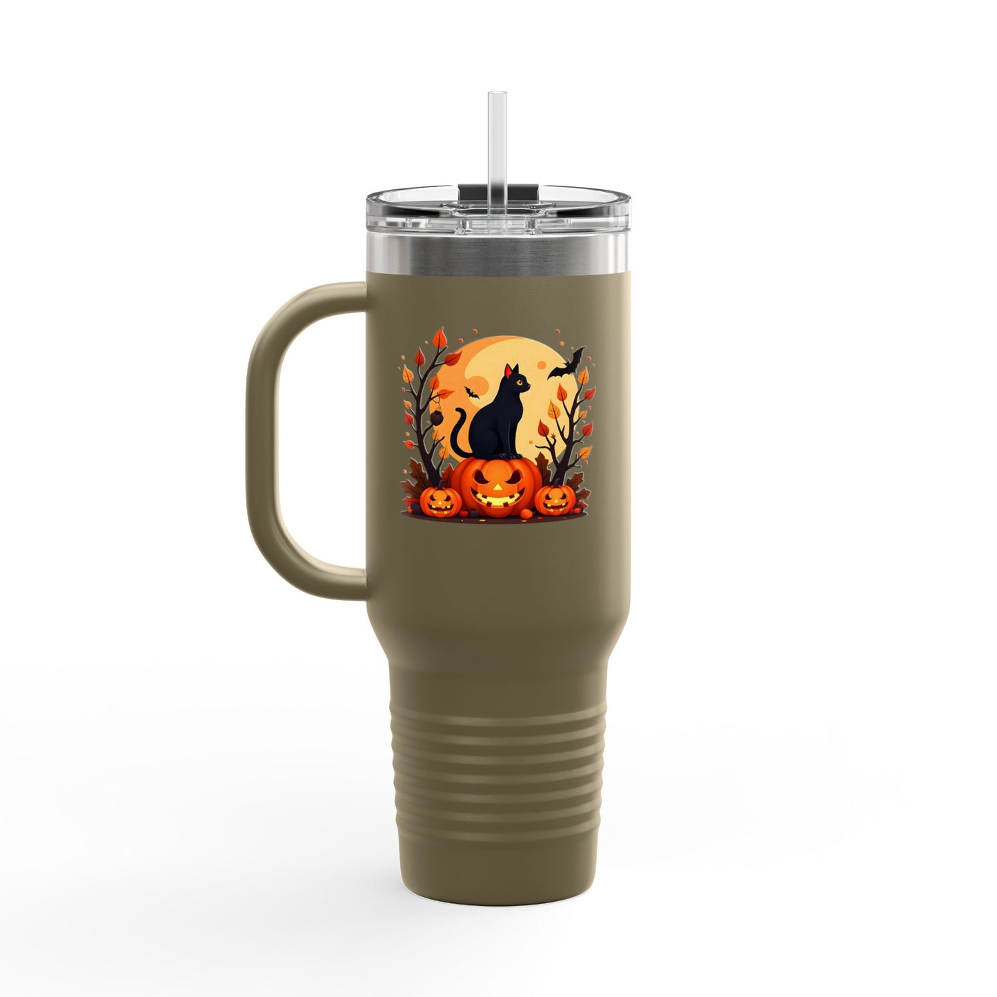 Halloween Cat Insulated Travel Mug | 40oz, Fall Coffee Tumbler, Pumpkin Travel Cup, Spooky Drinkware, Gift for Cat Lovers